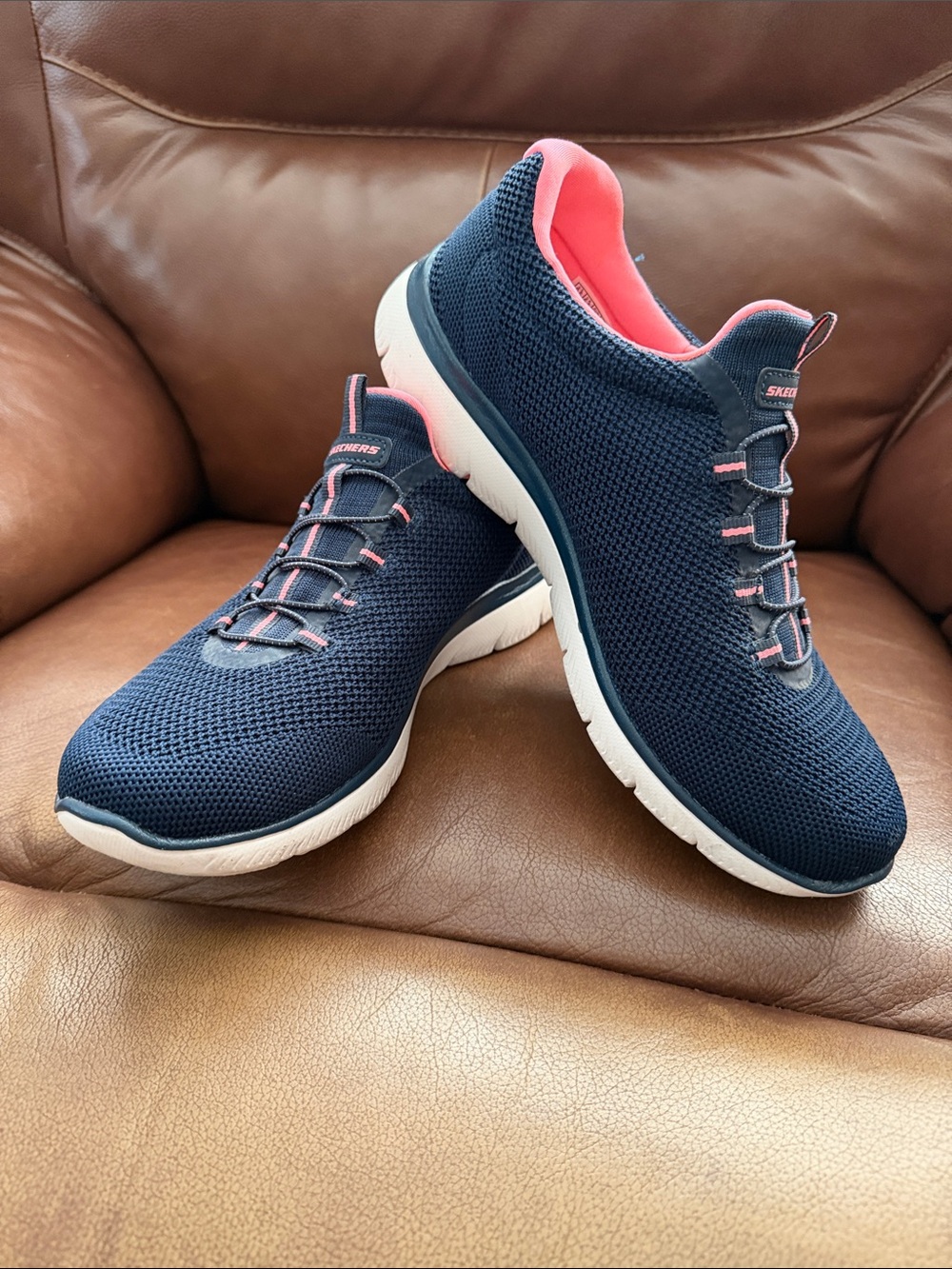 Skechers Navy Slip-On Wide Fit Knit Sneakers with Coral Accents - Picture 3 of 6